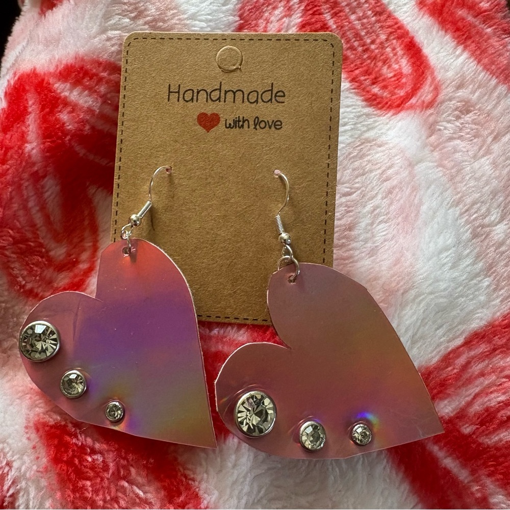 Handmade Heart Earrings with Rhinestones